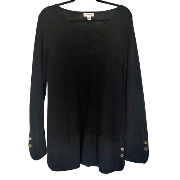 Calvin Klein Long Sleeve Black Knit Tunic Sweater Gold Buttons Womens Size Large - Picture 1 of 9